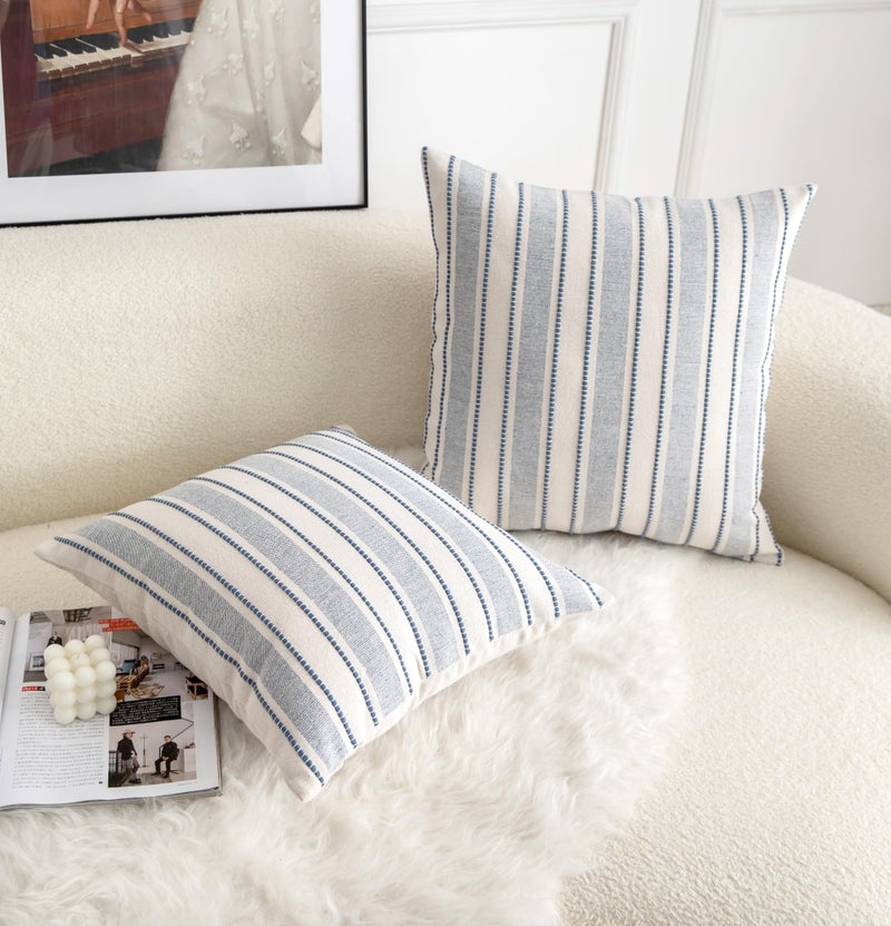 Cethom Decorative Boho Throw Pillow Covers, Farmhouse Textured Pillow Case, 20 x 20 Inch Set of 2, Chair Sofa Bedroom Living Room Home Decor Couch Cushion Case, Classic Blue and Beige Striped - Image 2