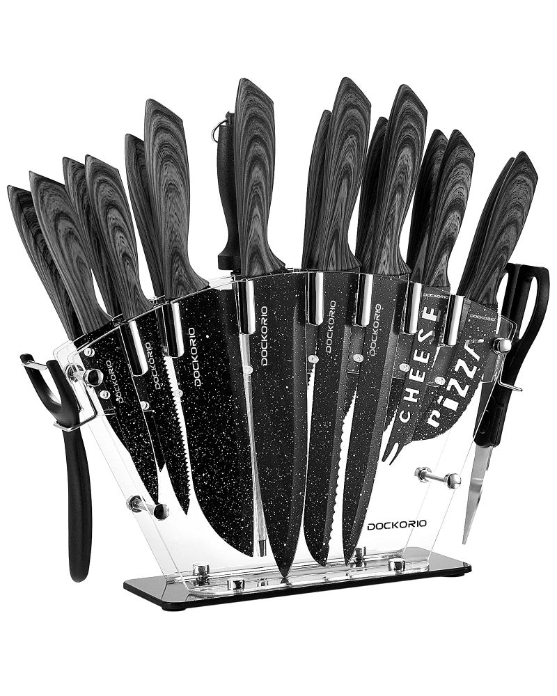 Dockorio all in one Kitchen Knife Set with Block 19 PCS High Carbon Stainless Steel Sharp Serrated Steak Knives Set Chef Knives Bread Knife Scissor Sharpener
