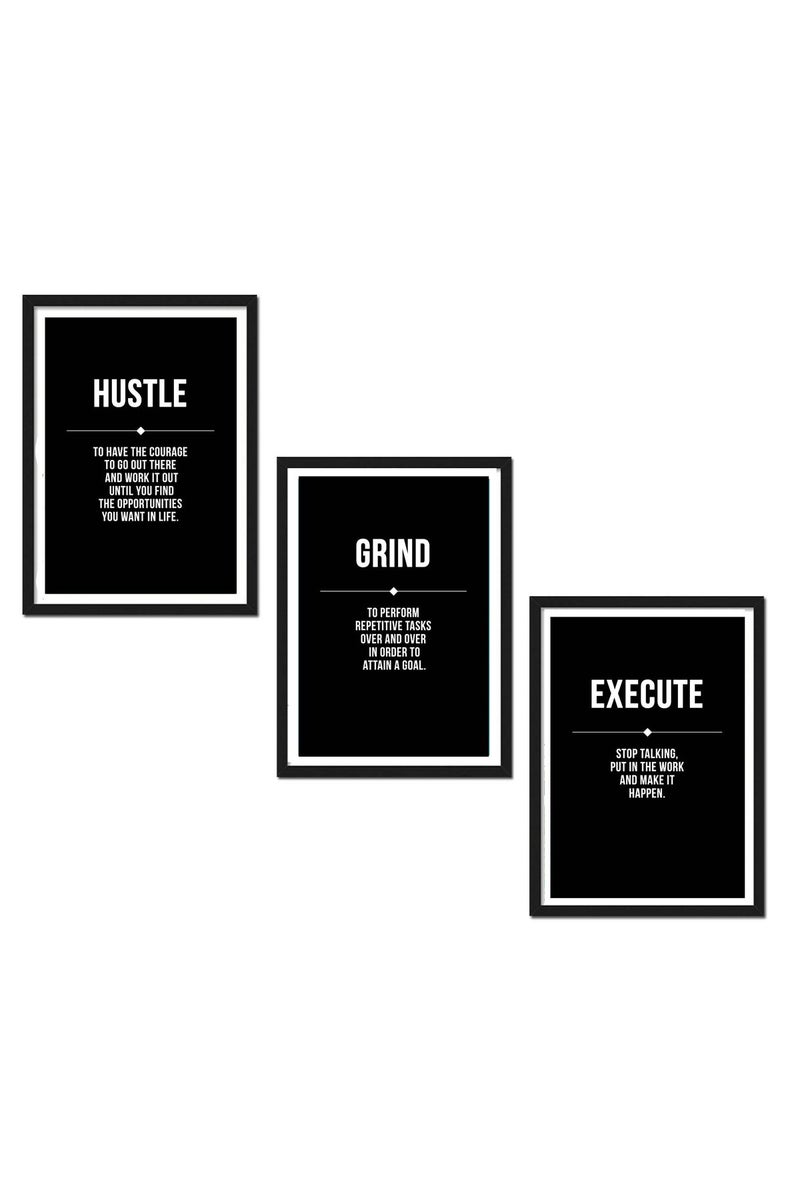 GRAY WALL Framed Motivational Poster Set - Hustle, Grind, Execute - Image 1