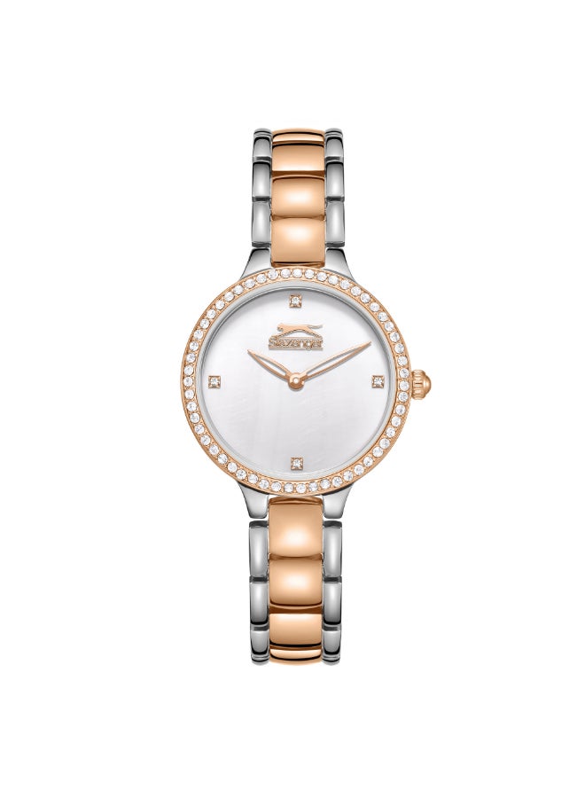 سلازنجر ساعة نسائية بعقارب وسوار معدني فضيذهبي وردي - Image 1