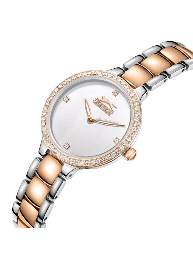 سلازنجر ساعة نسائية بعقارب وسوار معدني فضيذهبي وردي - Image 2