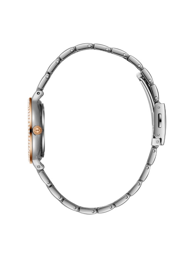 سلازنجر ساعة نسائية بعقارب وسوار معدني فضيذهبي وردي - Image 3