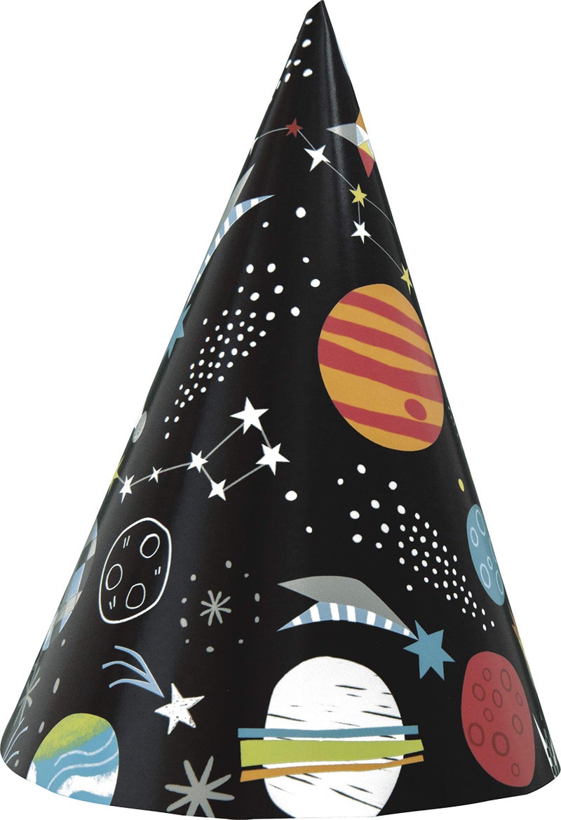 Unique Outer Space Party Black Cone Hats - Pack of 8 - Durable & Eye-Catching Design for Kids & Adults Birthdays and Celebrations - Image 1