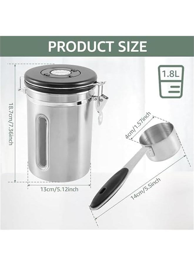HOOKOR - Durku 1800ML Airtight Coffee Canister with Date Tracker Transparent Window, 22OZ Coffe Beans Storage with 30ML Measure Spoon, Kitchen Food Storage Container for Grounds Coffee,Beans&Tea (Silver) - Image 1