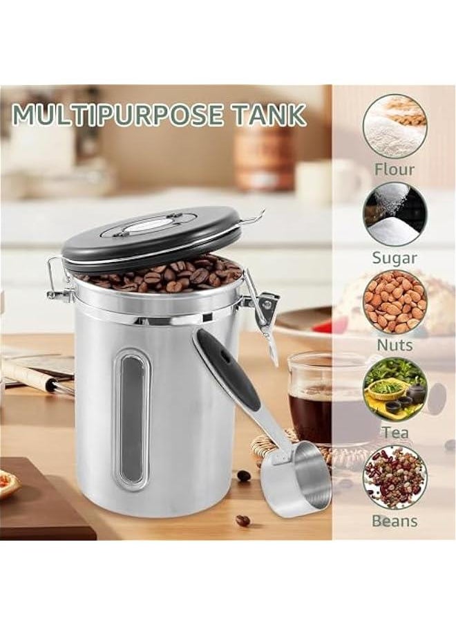 HOOKOR - Durku 1800ML Airtight Coffee Canister with Date Tracker Transparent Window, 22OZ Coffe Beans Storage with 30ML Measure Spoon, Kitchen Food Storage Container for Grounds Coffee,Beans&Tea (Silver) - Image 1