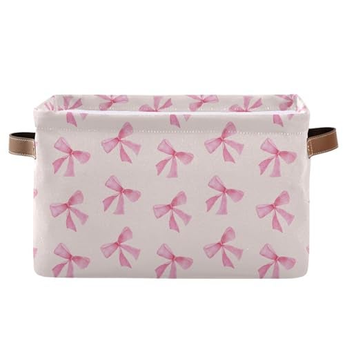 xigua Pink Bow Storage Basket Collapsible Storage Bins Waterproof Canvas Storage Basket with Leather Handles for Home Closets OfficesBedroomsGift Baskets1PCS - Image 1