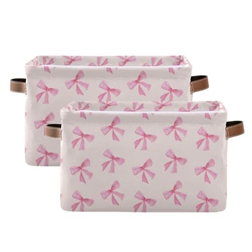 xigua Pink Bow Storage Basket Collapsible Storage Bins Waterproof Canvas Storage Basket with Leather Handles for Home Closets OfficesBedroomsGift Baskets1PCS - Image 3