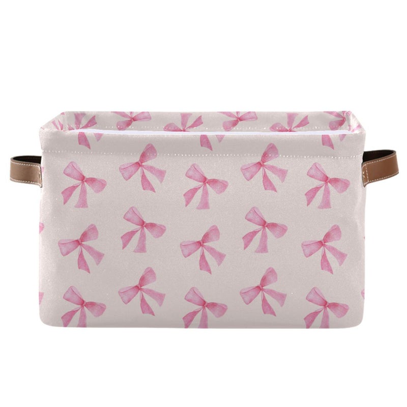 xigua Pink Bow Storage Basket Collapsible Storage Bins Waterproof Canvas Storage Basket with Leather Handles for Home Closets OfficesBedroomsGift Baskets1PCS - Image 2