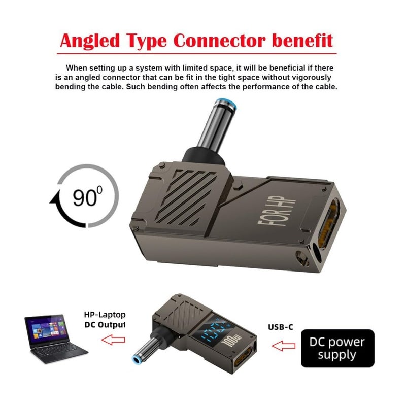 Tobo محول USB C إلى DC، موصل USB C أنثوي إلى موصل DC 4.5x3.0mm HP باريل جاك، محول شحن سريع للابتوب PD 100W مع عرض القدرة (4.5 * 3.0 HP) - Image 3