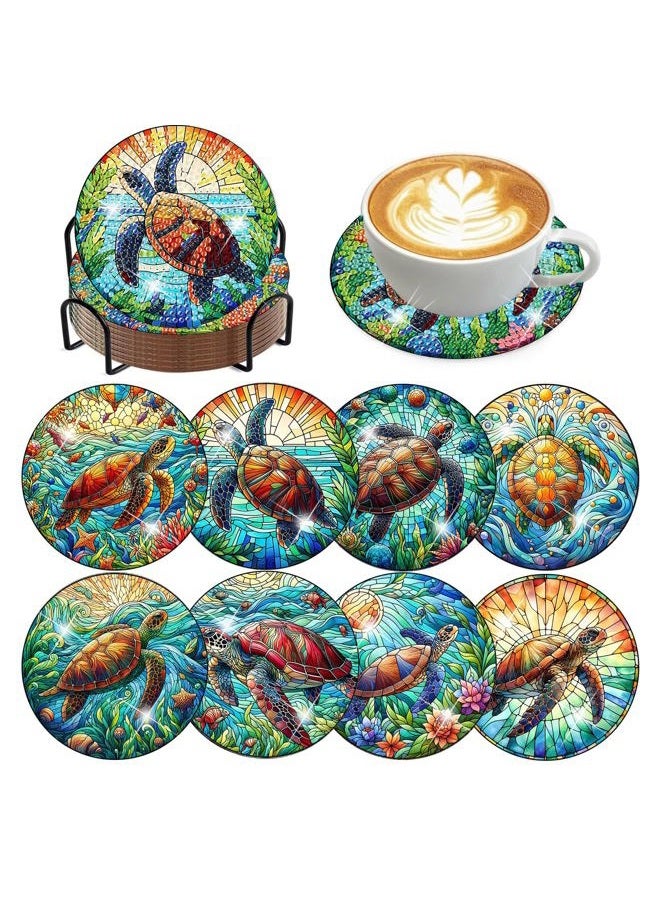 croshom 8 Pieces Diamond Art Painting Coasters Kit, Sea Turtle Diamond Art Coaster, DIY Diamonds Craft Kits for Adults and Beginners (Turtle Style) - Image 1