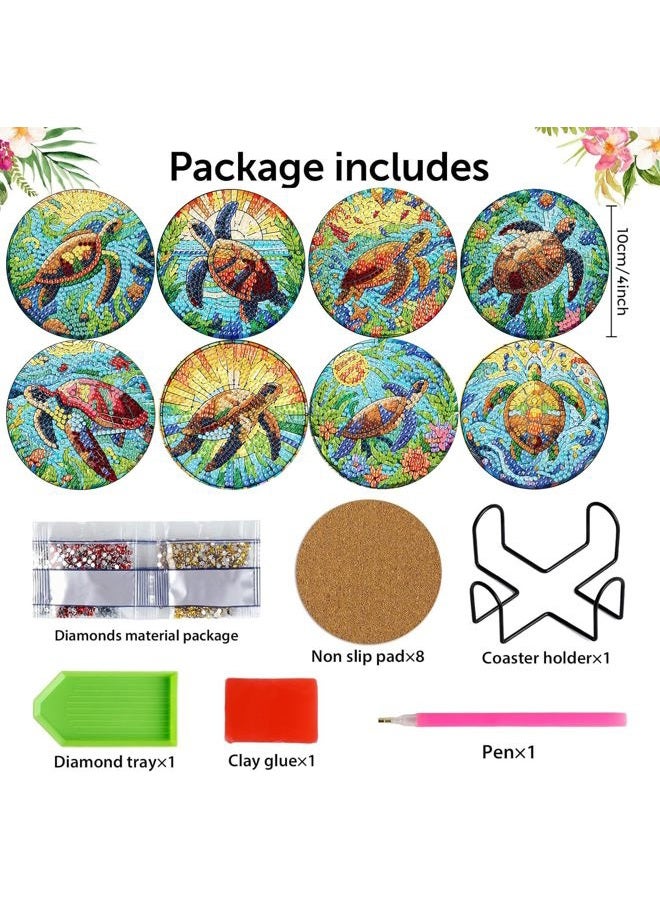 croshom 8 Pieces Diamond Art Painting Coasters Kit, Sea Turtle Diamond Art Coaster, DIY Diamonds Craft Kits for Adults and Beginners (Turtle Style) - Image 2