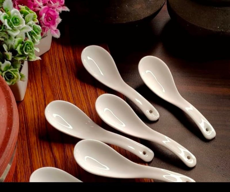 RAINCART Ceramic Soup and Dessert Spoon, Food Grade White Serving Spoons (13 Cm, Pack of 6) - Image 2