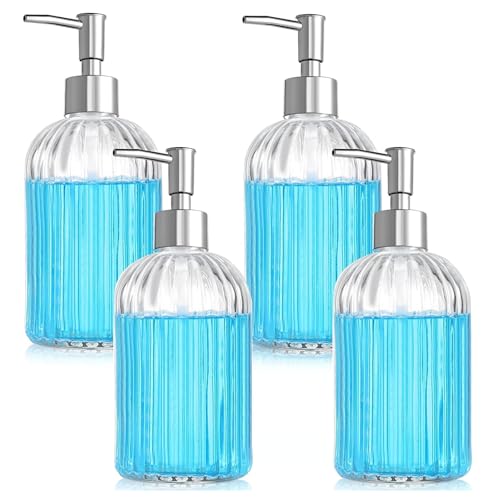 Luximal Pack of 4 Stripe Design Refillable Clear Glass Soap Dispenser Bottle with Rust Proof Premium Plastic Pump for Kitchen, Washroom, Bathroom, Basin, Liquid Lotion Soap Dispenser - 400 Ml - Image 1