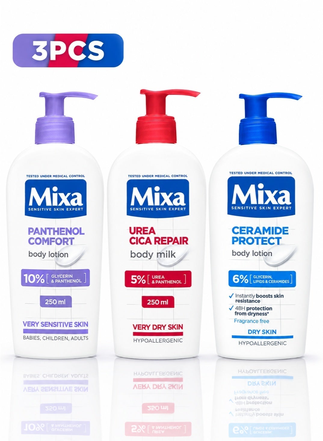 MIXA Body Care Trio Panthenol Comfort Body Lotion Urea Cica Repair Body Milk And Ceramide Protect Body Lotion