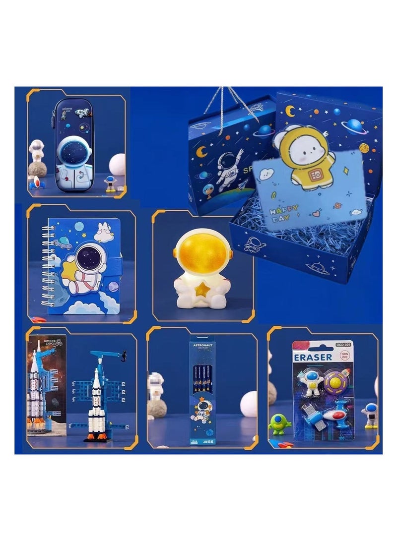Space-themed Kids Stationery Set, Birthday Gift Box For Boys And Girls , Kid's Back-to-school Pack, Elementary Students Supplies Gift Basket Set With Pencil Case, Pencils, Astronaut Table Light, Rocket Building Blocks, Eraser, And Spaceman-themed Notebook. - Image 1
