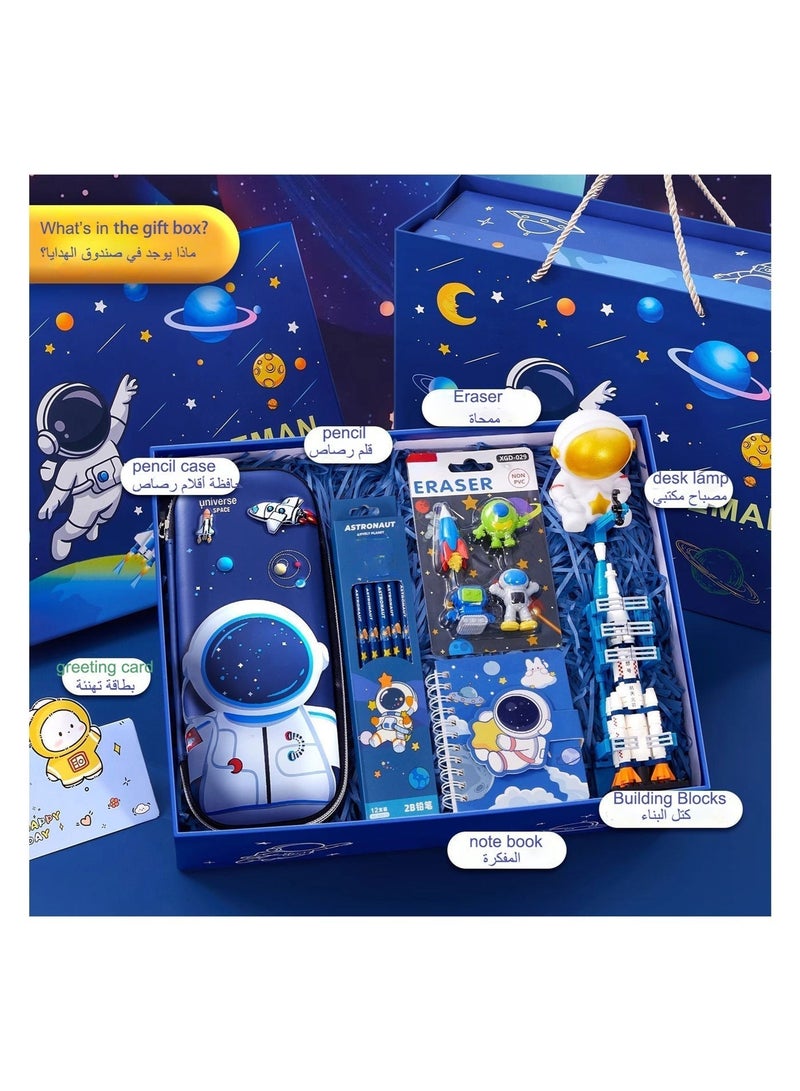 Space-themed Kids Stationery Set, Birthday Gift Box For Boys And Girls , Kid's Back-to-school Pack, Elementary Students Supplies Gift Basket Set With Pencil Case, Pencils, Astronaut Table Light, Rocket Building Blocks, Eraser, And Spaceman-themed Notebook. - Image 2