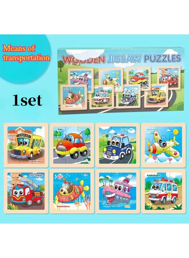 لوح الألغاز الخشبي للأطفال وسائل النقل موضوع رسومات حيوانات ملونة - Image 1