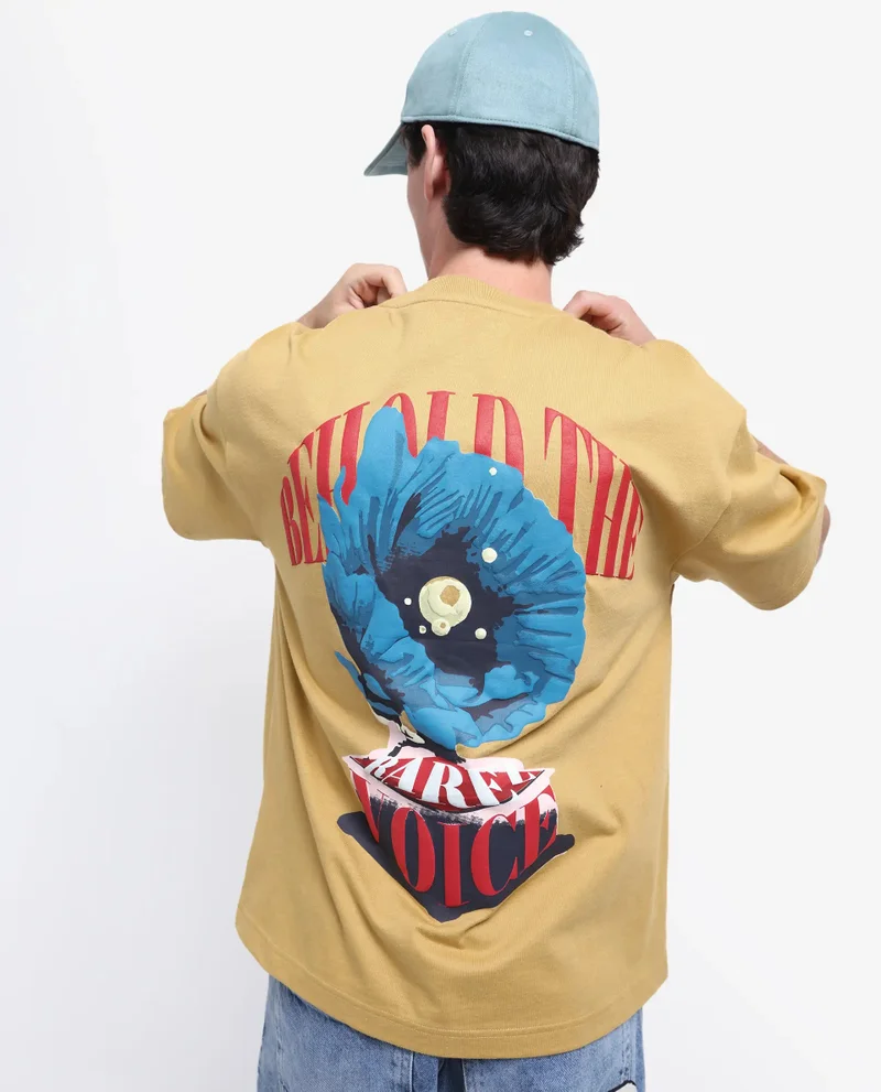 Rare Rabbit Rare Rabbit Men Voiz Dusky Mustard Cotton Fabric Short Sleeve Slip-On Oversized Fit Graphic Print T-Shirt