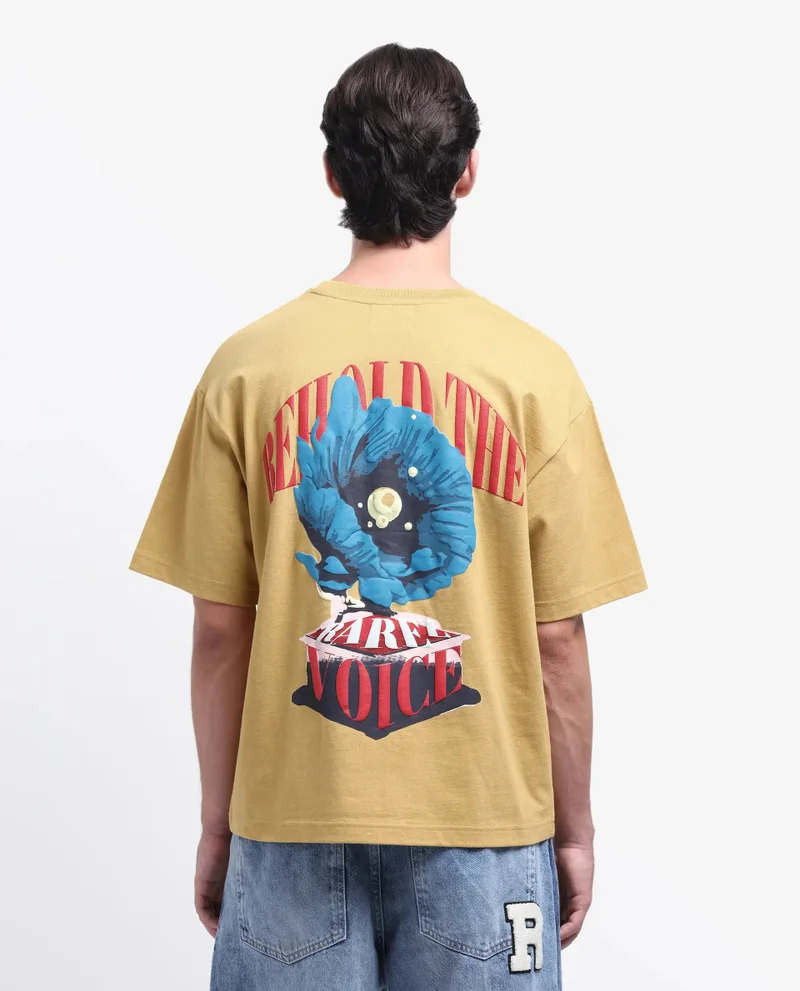Rare Rabbit Rare Rabbit Men Voiz Dusky Mustard Cotton Fabric Short Sleeve Slip-On Oversized Fit Graphic Print T-Shirt