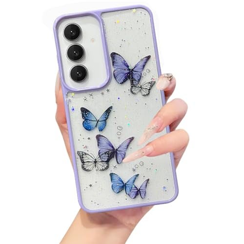 VONZEE for Samsung Galaxy S24 FE Clear Glitter Butterfly Case, Cute Bling Sparkle Shiny Soft Silicone TPU Bumper Shockproof Women Girls Slim Protective Phone Cover for Galaxy S24 FE, Purple - Image 1