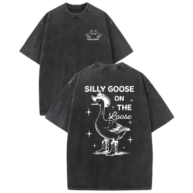 Heavy Washed T-Shirt Cotton Short Sleeve Silly Goose Printed Round Neck Retro Distressed Top - Image 3