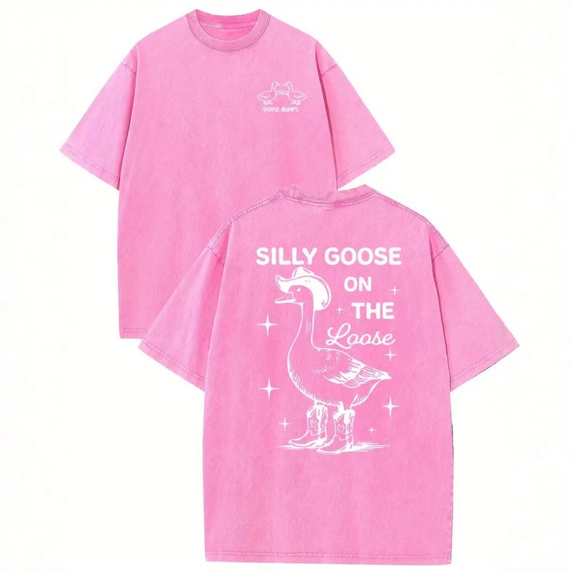 Heavy Washed T-Shirt Cotton Short Sleeve Silly Goose Printed Round Neck Retro Distressed Top - Image 2