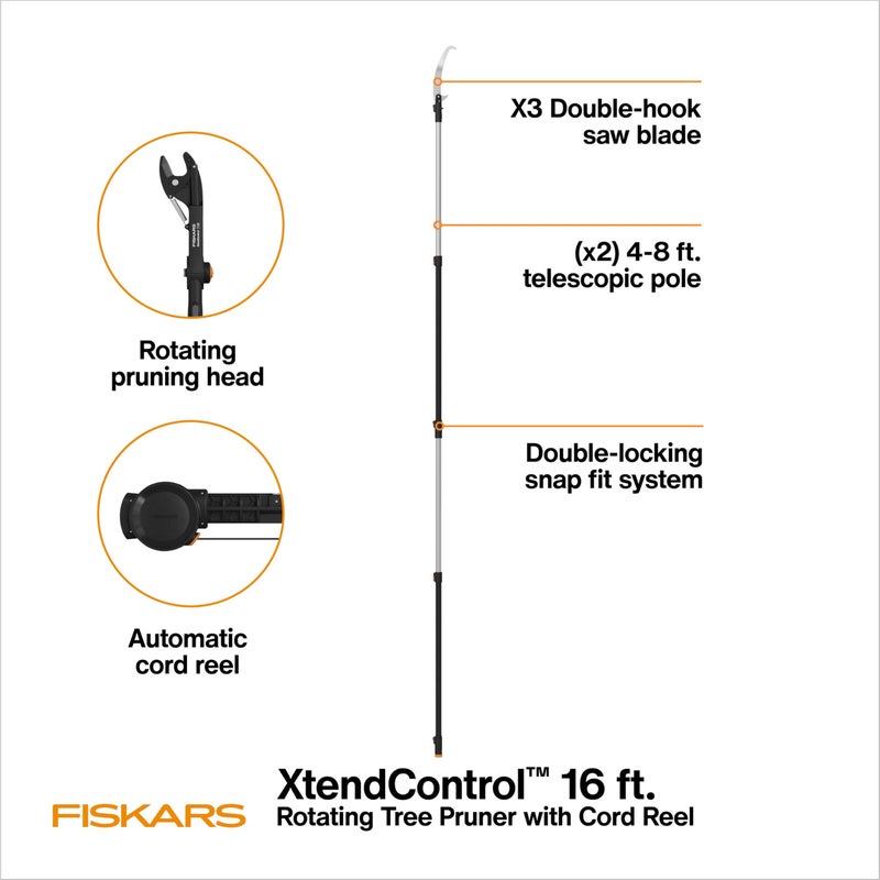 Fiskars XtendControl 16' Tree Pruner Kit with Rotating Pruner Head, 15" X3 Double-Hooked Saw, Two 4-8 Ft Extension Poles, Cuts Branches up to 1.25", Pivots 45 Degrees, Lightweight Aluminum - Image 2