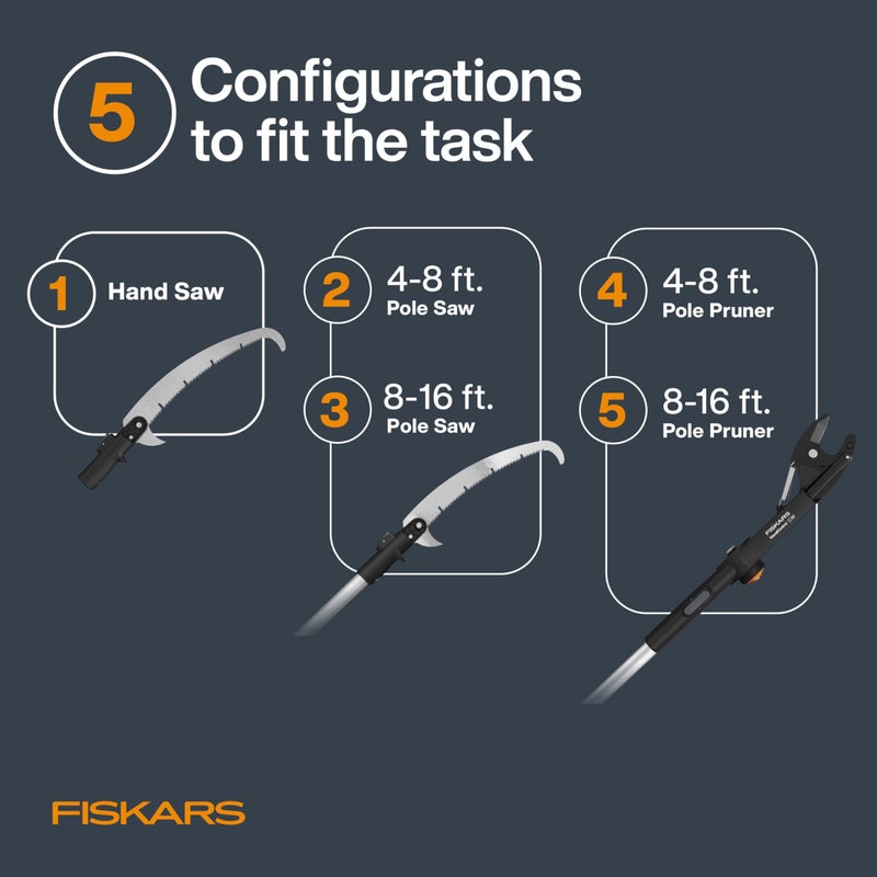Fiskars XtendControl 16' Tree Pruner Kit with Rotating Pruner Head, 15" X3 Double-Hooked Saw, Two 4-8 Ft Extension Poles, Cuts Branches up to 1.25", Pivots 45 Degrees, Lightweight Aluminum - Image 3