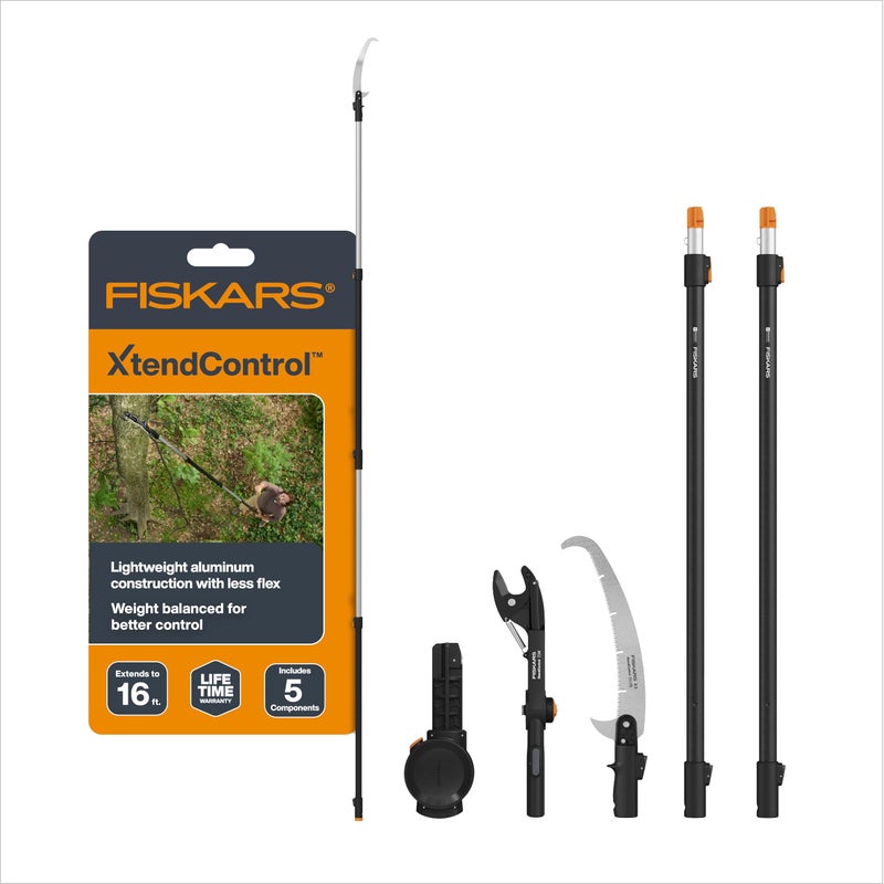 Fiskars XtendControl 16' Tree Pruner Kit with Rotating Pruner Head, 15" X3 Double-Hooked Saw, Two 4-8 Ft Extension Poles, Cuts Branches up to 1.25", Pivots 45 Degrees, Lightweight Aluminum - Image 1