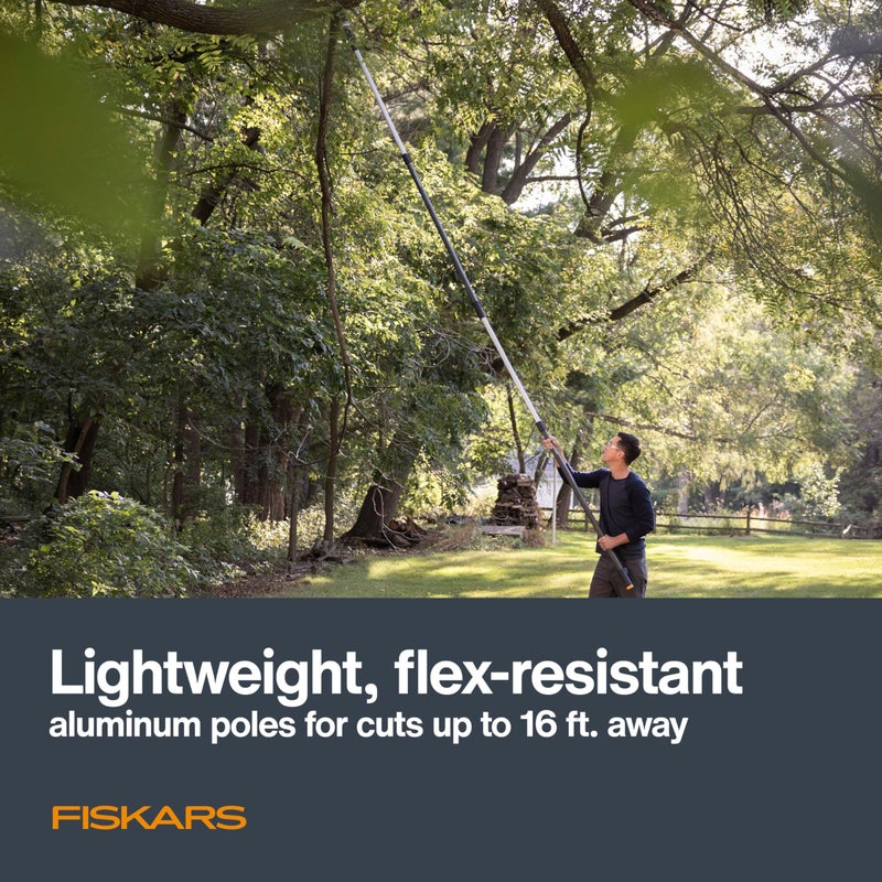 Fiskars XtendControl 16' Tree Pruner Kit with Rotating Pruner Head, 15" X3 Double-Hooked Saw, Two 4-8 Ft Extension Poles, Cuts Branches up to 1.25", Pivots 45 Degrees, Lightweight Aluminum - Image 4