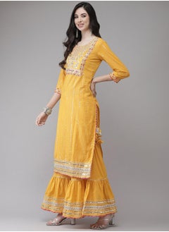 ISHIN Regular Fit Embroidered Pattern Round Neck Neck Three-Quarter Sleeve Yellow Colour Knitted Cotton Kurta Set for Women with Mid-Rise Closure - Elevate Your Fashion Game  - Image 5