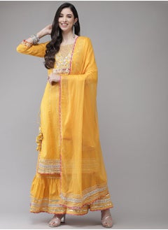 ISHIN Regular Fit Embroidered Pattern Round Neck Neck Three-Quarter Sleeve Yellow Colour Knitted Cotton Kurta Set for Women with Mid-Rise Closure - Elevate Your Fashion Game  - Image 1