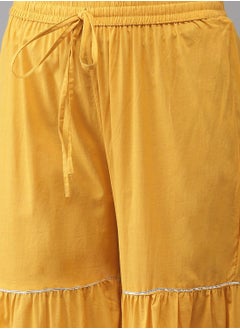 ISHIN Regular Fit Embroidered Pattern Round Neck Neck Three-Quarter Sleeve Yellow Colour Knitted Cotton Kurta Set for Women with Mid-Rise Closure - Elevate Your Fashion Game  - Image 3