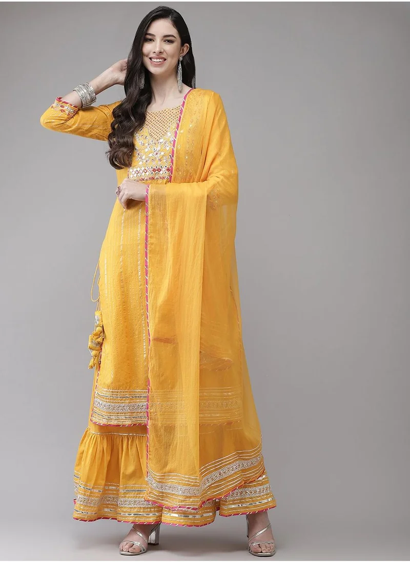 ISHIN Regular Fit Embroidered Pattern Round Neck Neck Three-Quarter Sleeve Yellow Colour Knitted Cotton Kurta Set for Women with Mid-Rise Closure - Elevate Your Fashion Game