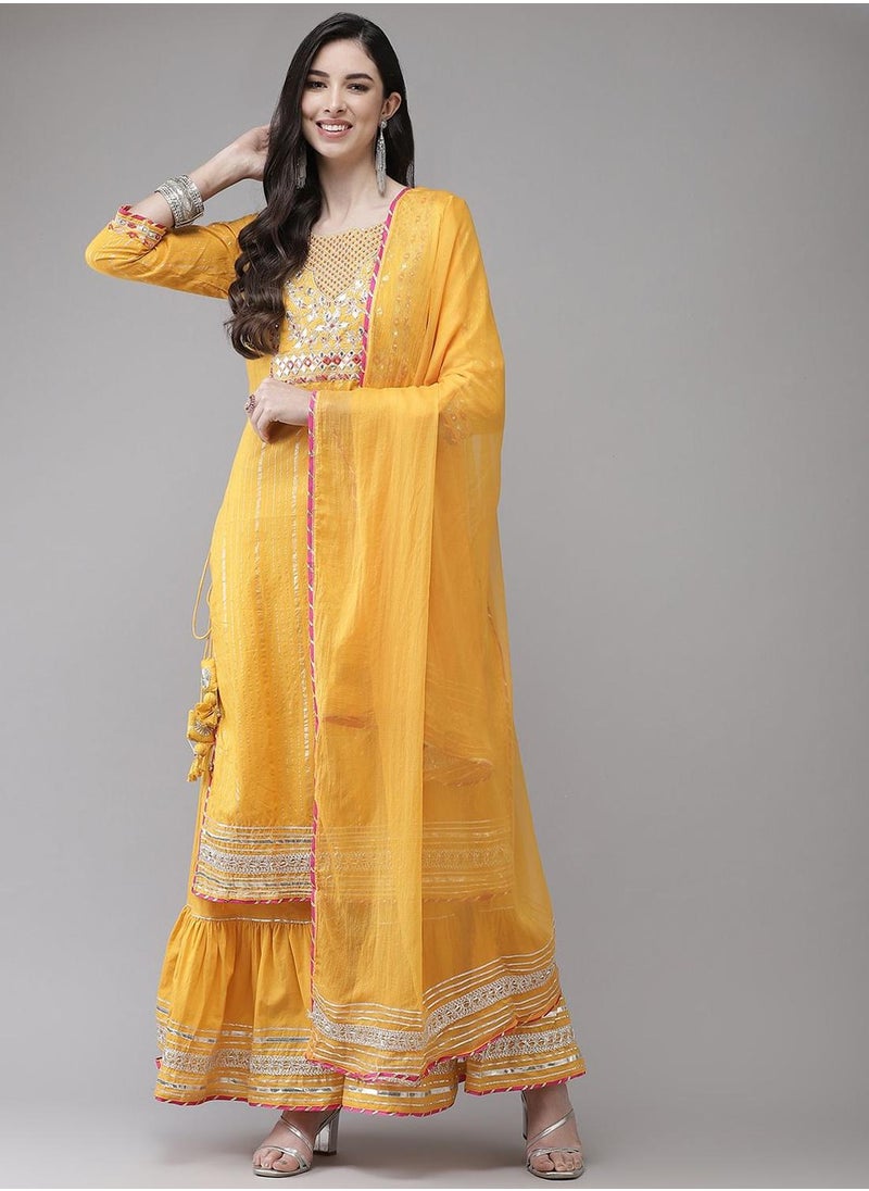 ISHIN - Regular Fit Embroidered Pattern Round Neck Neck Three-Quarter Sleeve Yellow Colour Knitted Cotton Kurta Set for Women with Mid-Rise Closure - Elevate Your Fashion Game - Image 1