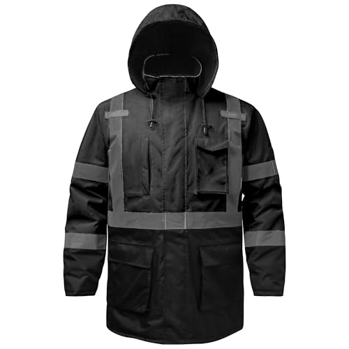 DPSAFETY Reflective Jacket, High Visibility Parka, Waterproof Hi Vis, Safety Jacket with Removable Hood and Zipper, ANSI Class 3 (Black,2XL) - Image 1