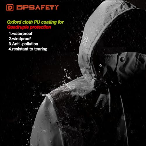 DPSAFETY Reflective Jacket, High Visibility Parka, Waterproof Hi Vis, Safety Jacket with Removable Hood and Zipper, ANSI Class 3 (Black,2XL) - Image 3