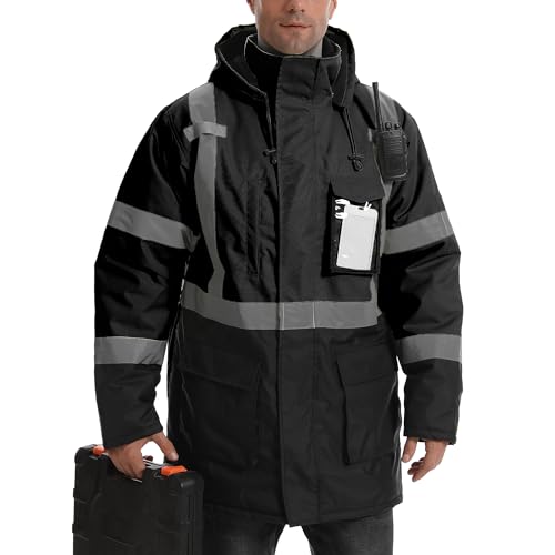 DPSAFETY Reflective Jacket, High Visibility Parka, Waterproof Hi Vis, Safety Jacket with Removable Hood and Zipper, ANSI Class 3 (Black,2XL) - Image 2
