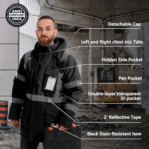 DPSAFETY Reflective Jacket, High Visibility Parka, Waterproof Hi Vis, Safety Jacket with Removable Hood and Zipper, ANSI Class 3 (Black,2XL) - Image 5