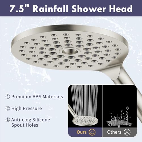 HOWUWEY Dual Shower Heads with Handheld Spray Combo, 7.5" High Pressure Rainfall Showerhead, Double Shower Heads with Handheld Spray, 9 Modes Hand Showerhead with 79" Hose (Standard, Brushed Nickel) - Image 5