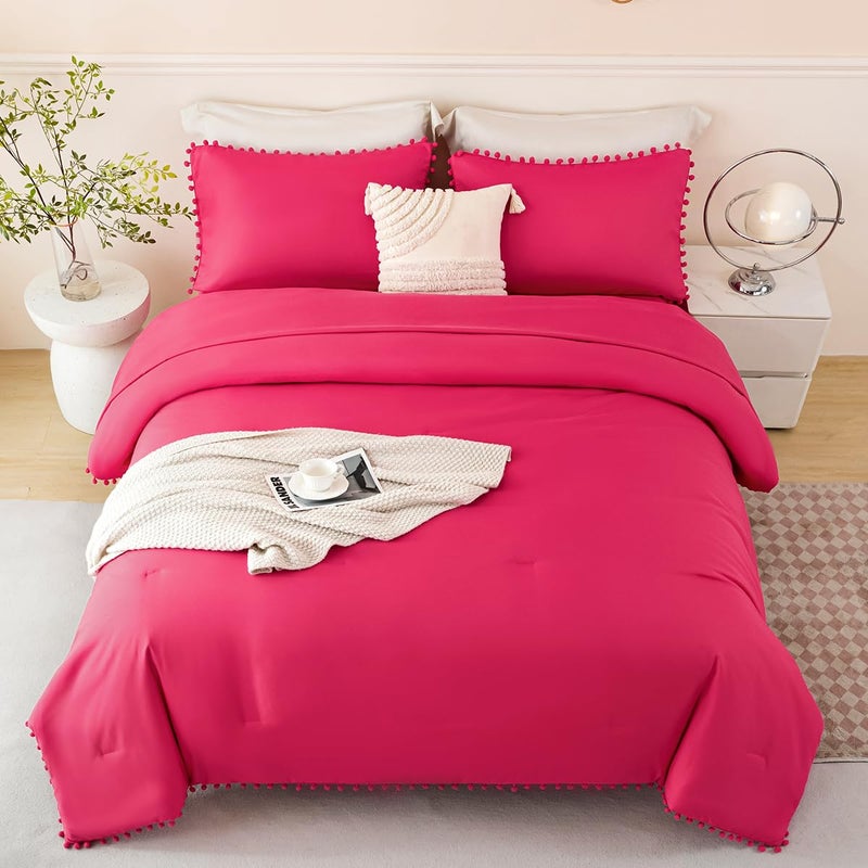 PERFEMET 5 Piece Hot Pink Bed in A Bag Queen Size Set Boho Pom Pom Comforter with Sheet Set Soft Fluffy Solid Bedding Set for Girls Women(Hot Pink, Queen) - Image 2