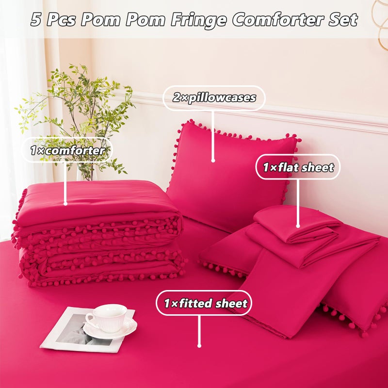 PERFEMET 5 Piece Hot Pink Bed in A Bag Queen Size Set Boho Pom Pom Comforter with Sheet Set Soft Fluffy Solid Bedding Set for Girls Women(Hot Pink, Queen) - Image 3