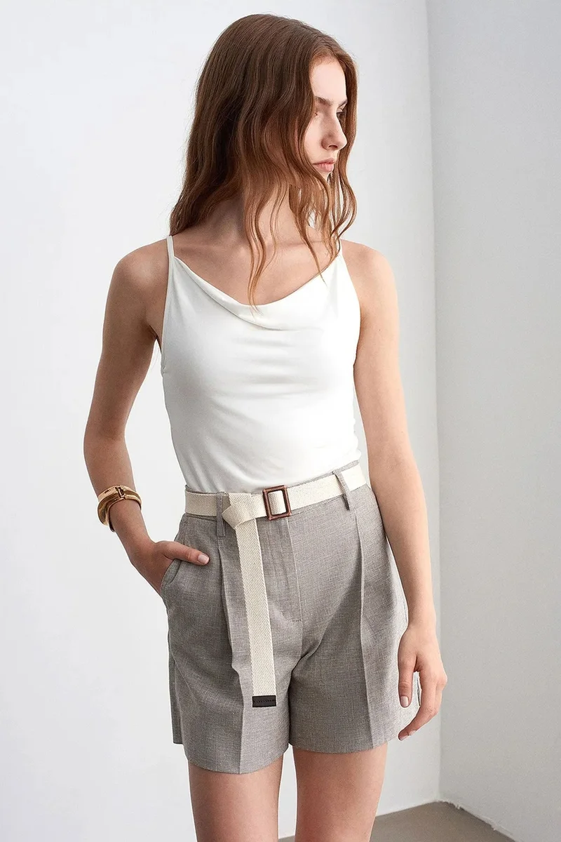 Dilvin Light Grey DILVIN Belted High-waist Tailored Shorts for Women | Best Price UAE