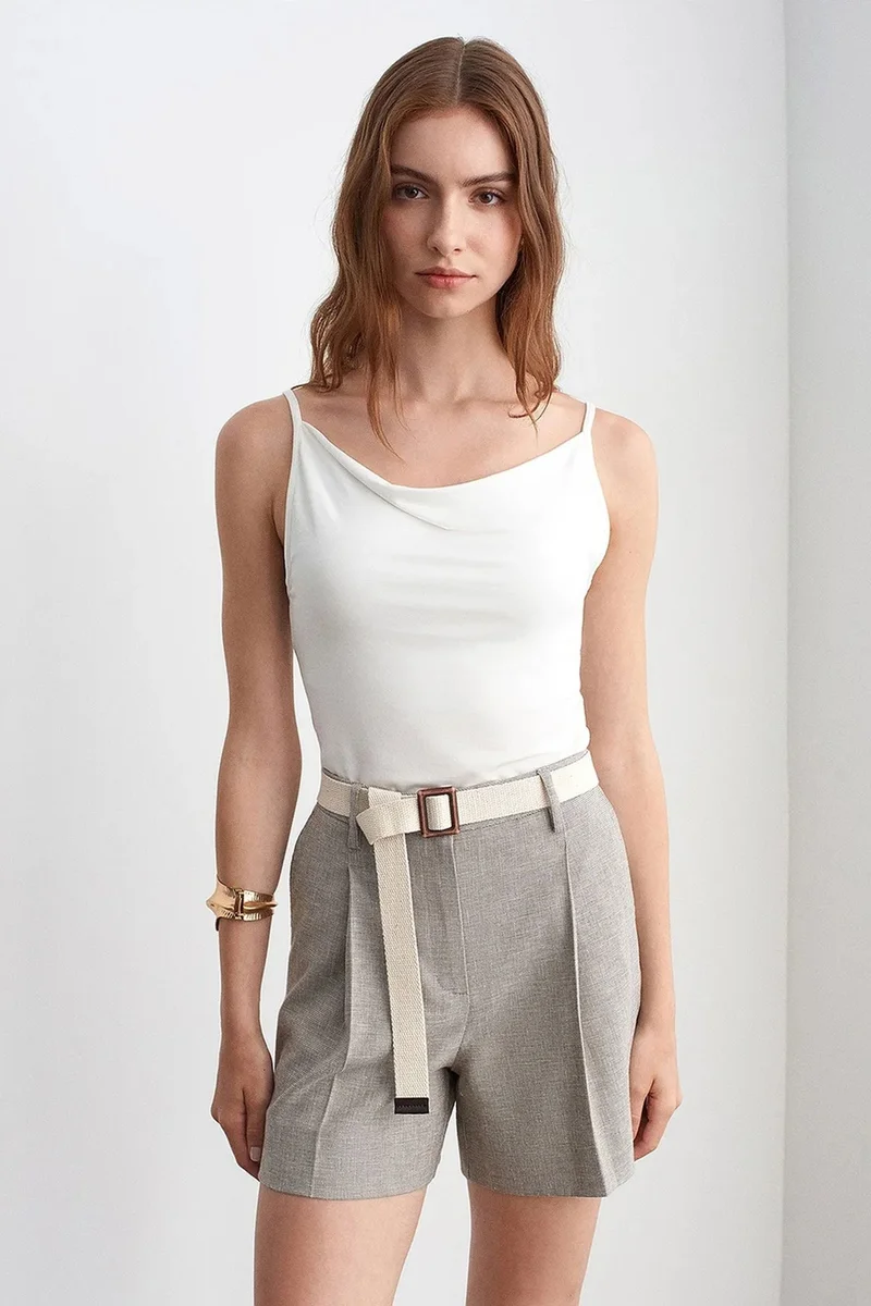 Dilvin Light Grey DILVIN Belted High-waist Tailored Shorts for Women | Best Price UAE