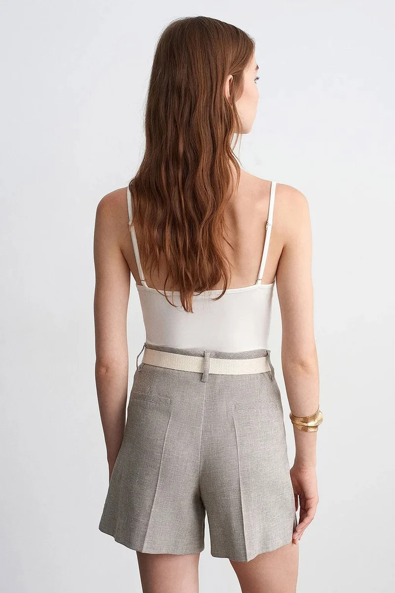 Dilvin Light Grey DILVIN Belted High-waist Tailored Shorts for Women | Best Price UAE