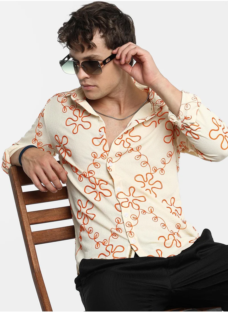 Campus Sutra Men's Peach Orange Flora-Weave Shirt