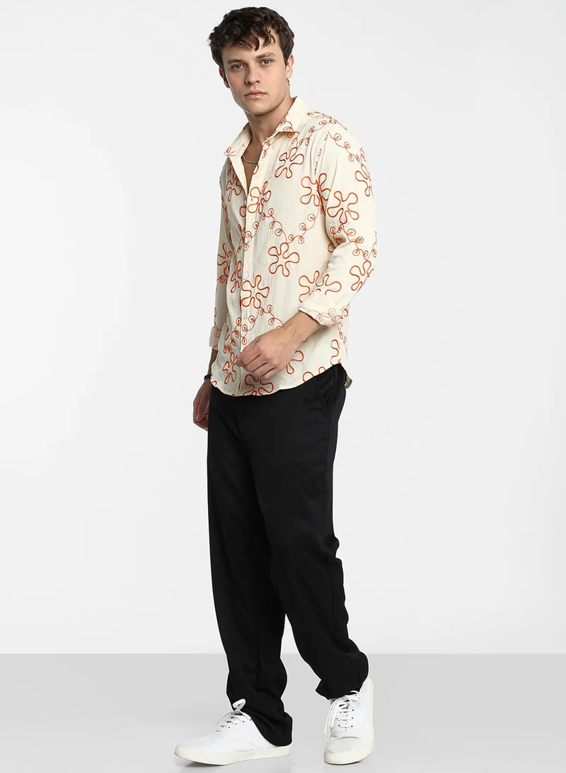 Campus Sutra Men's Peach Orange Flora-Weave Shirt