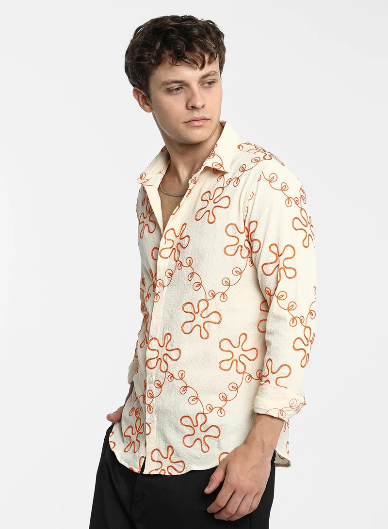 Campus Sutra Men's Peach Orange Flora-Weave Shirt