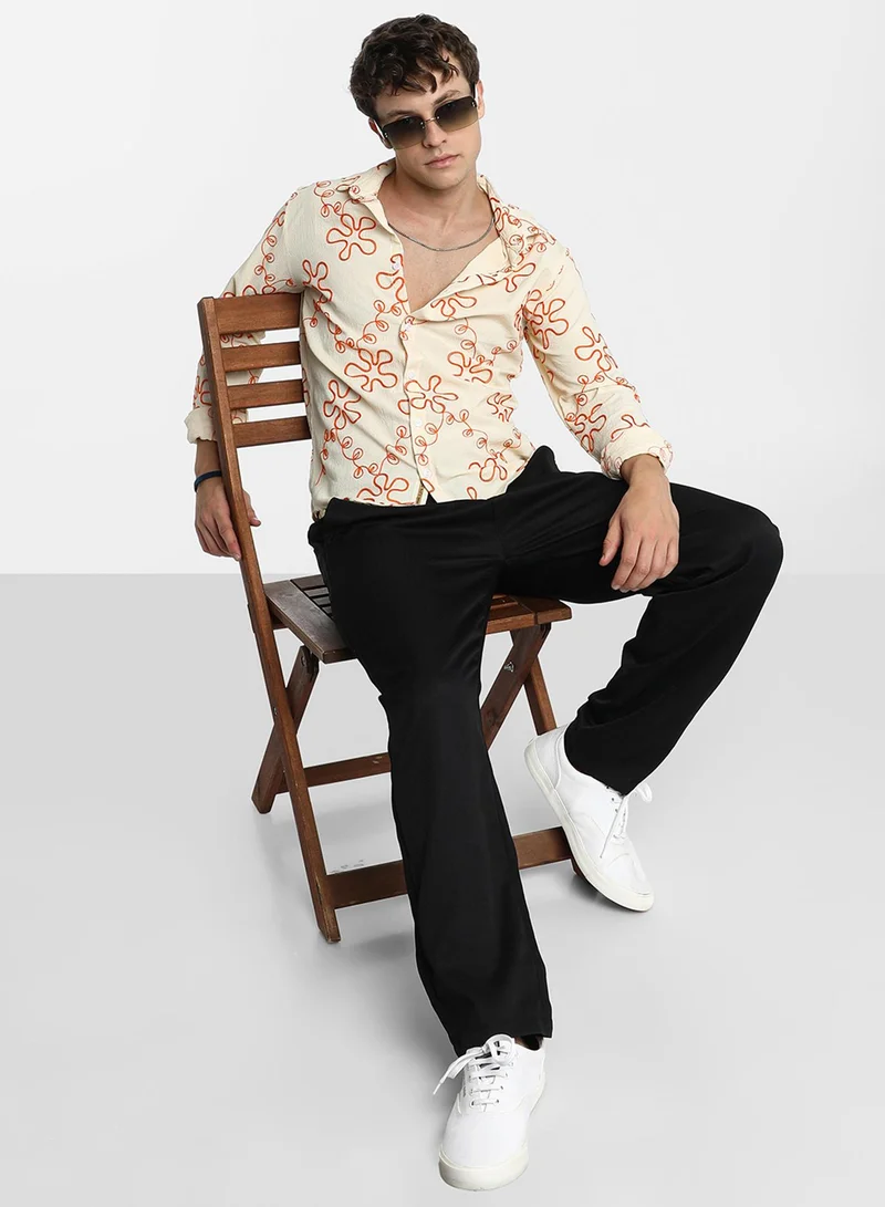 Campus Sutra Men's Peach Orange Flora-Weave Shirt