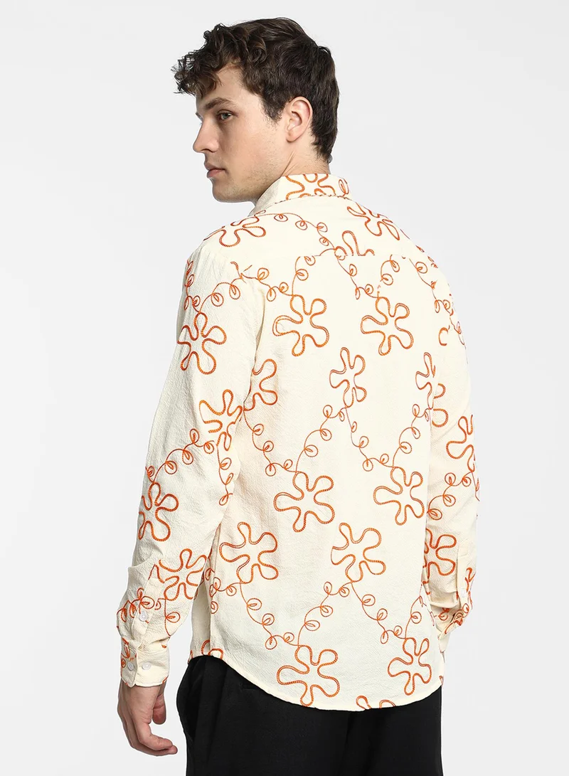 Campus Sutra Men's Peach Orange Flora-Weave Shirt